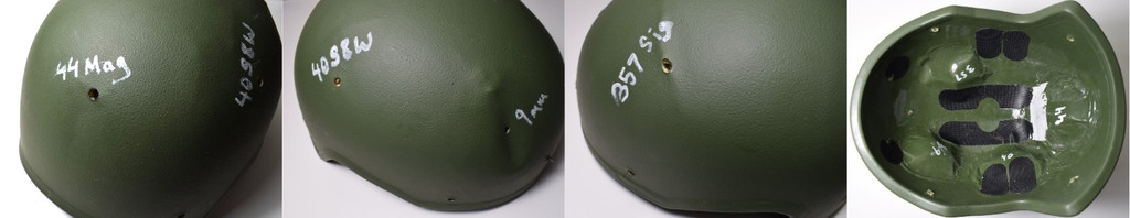 PGD ARCH ballistic helmet tested against .44 Magnum, 40 S&W, .357 SIG and 9 mm